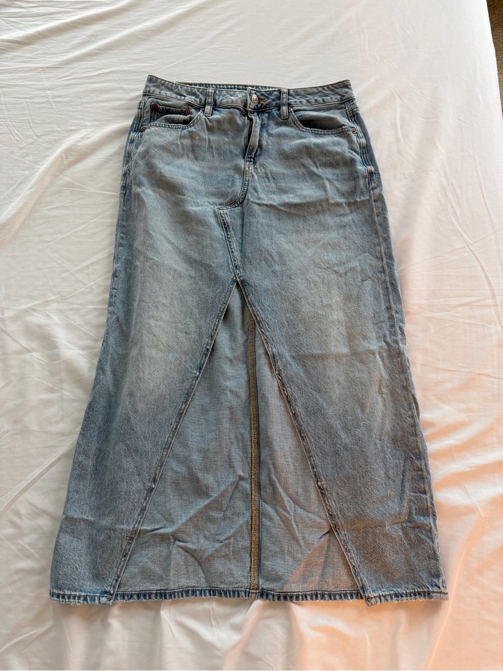 American Eagle Outfitters Light Blue Denim Maxi Skirt with Front Slit